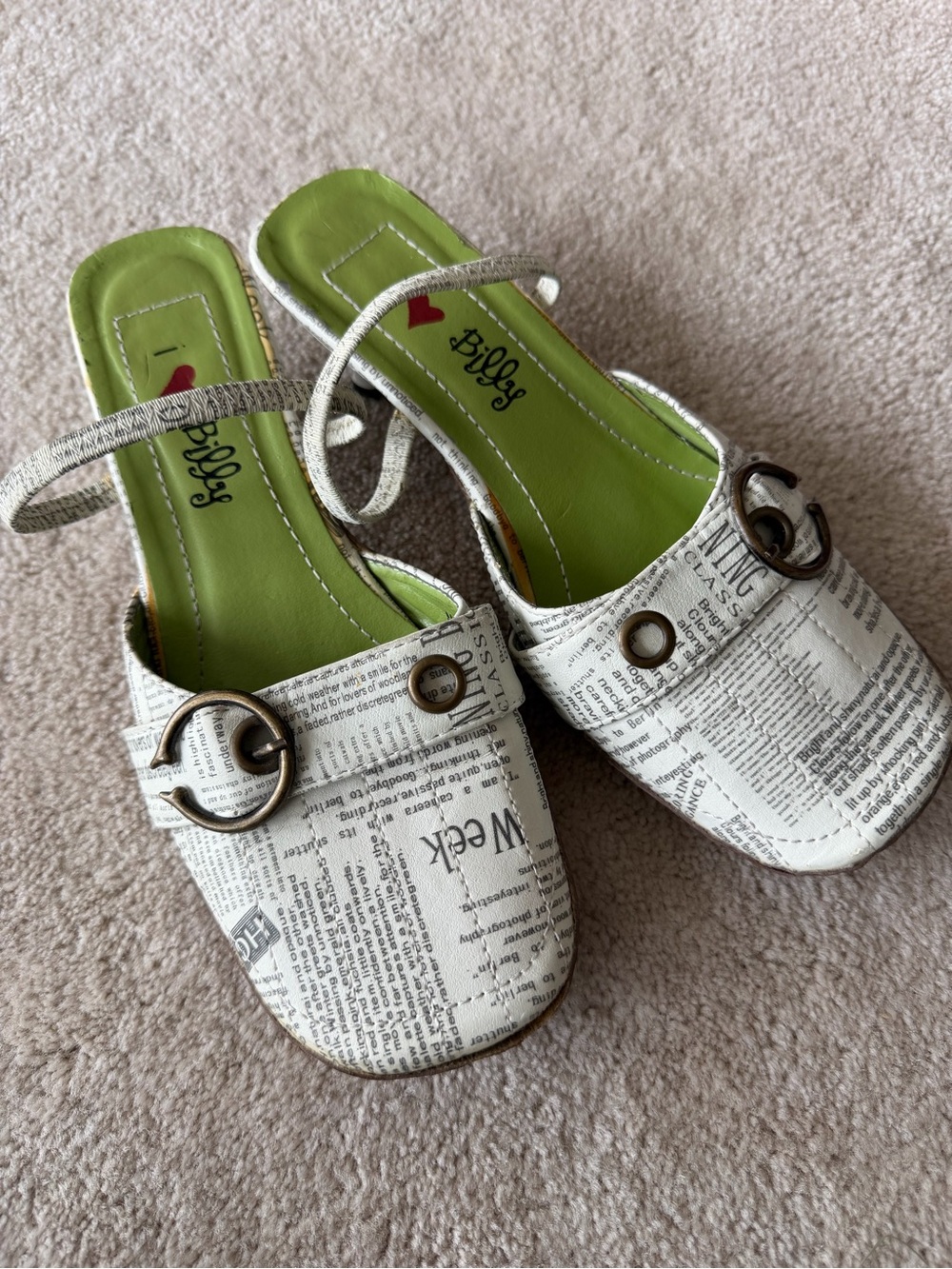 Funky I Love Billy White Newspaper-Print Slingback Mules